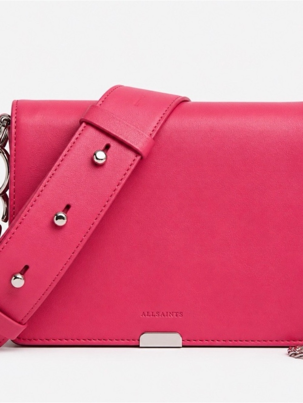 AllSaints Hot Pink Leather Crossbody Bag with Wide Strap